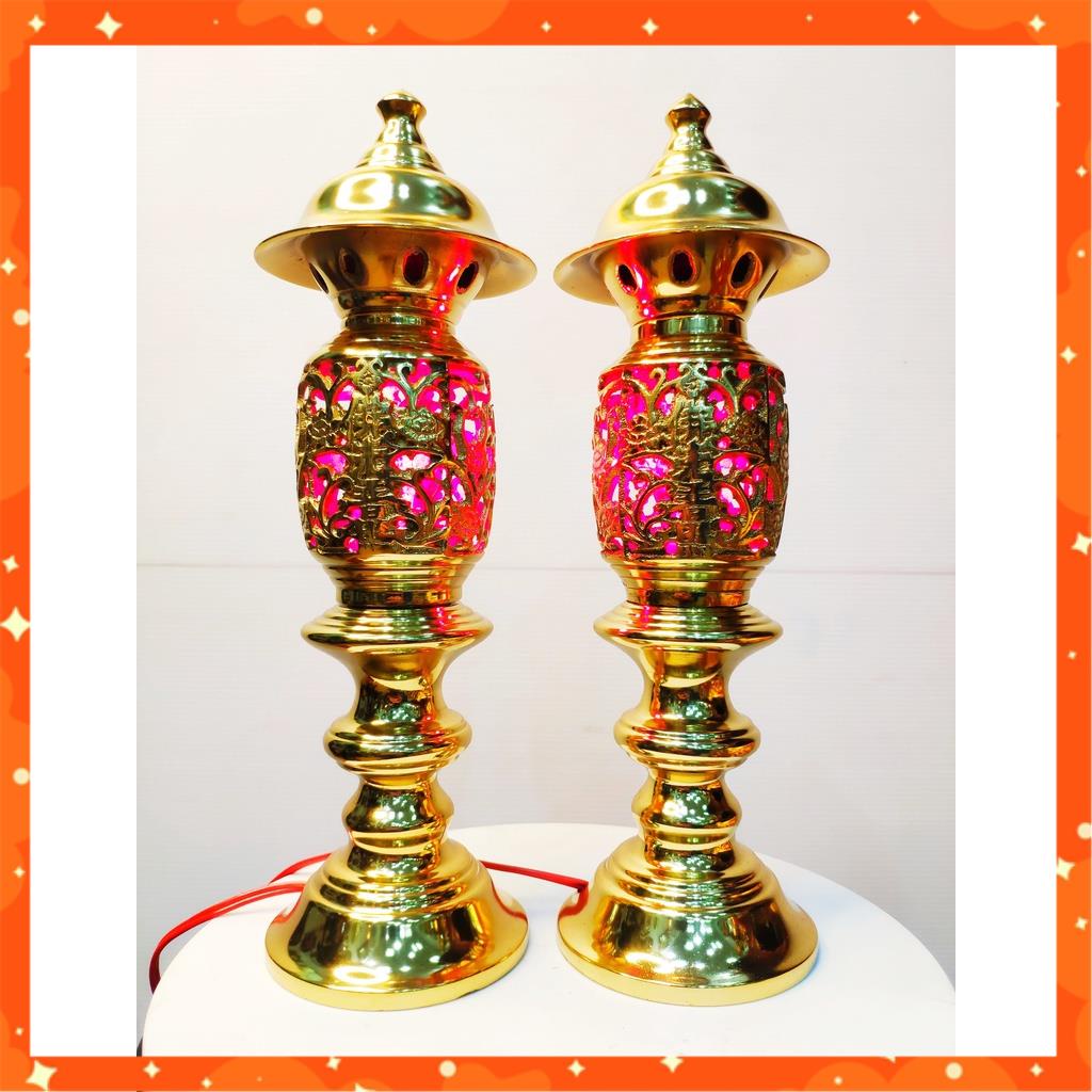 Đôi đèn thờ bằng đồng vằng nguyên chất cao 27cm, đôi đèn điện thờ bằng đồng cao cấp