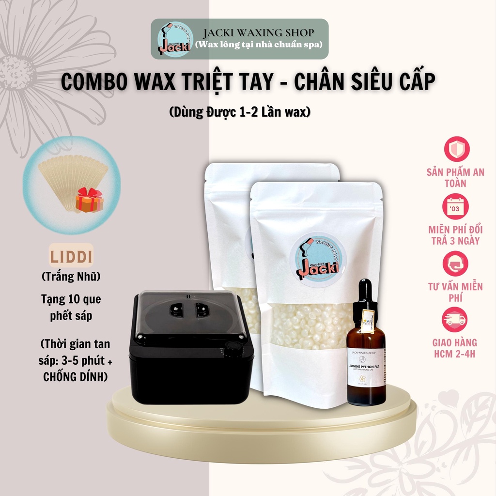 COMBO WAX LÔNG TAY - CHÂN CHUYÊN DỤNG ( 200gr Sáp + 1 Nồi Nấu Sáp + Mỡ Trăn Hương Nhài + Tặng 10 Que Phết Sáp)