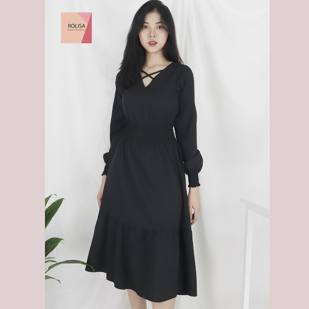 [Mã SKAMSALEP6 giảm 10% tối đa 100K đơn 150K] Đầm váy nữ dài tay dáng dài Rolisa RD058 Màu đen | BigBuy360 - bigbuy360.vn