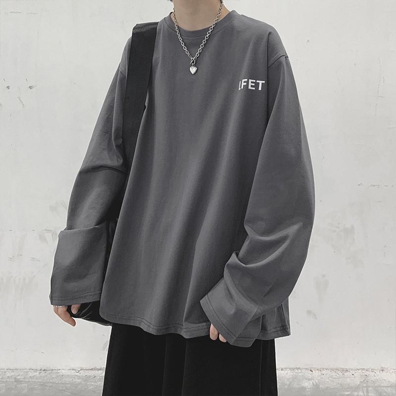 Áo thun tay dài cổ tròn dáng rộng in chữ giản dị thoải mái thời trang mùa đông phong cách hàn quốc cho nam m-5xl