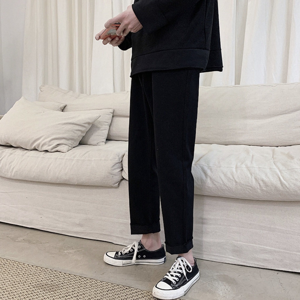 [Tiền Nào Của Đấy]Quần Jean Baggy Nam Ống Rộng Cắt Gấu Đen Trơn Không Phai Màu Vải Co Giãn