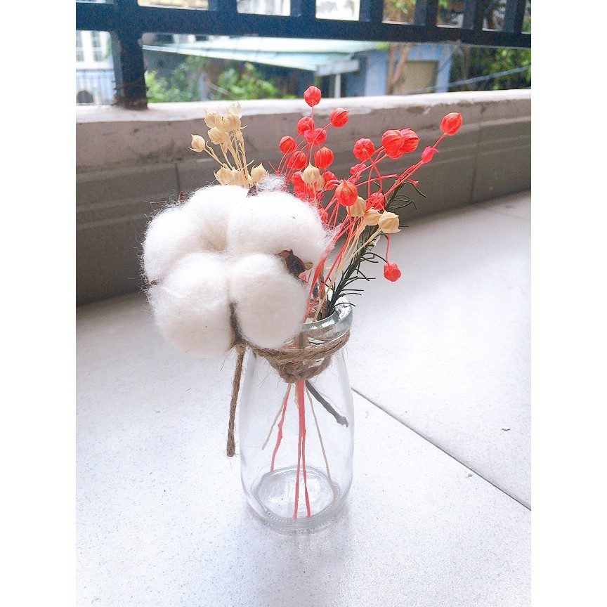 [RẺ VÔ ĐỊCH] Lọ hoa thủy tinh kèm hoa Bông gòn và hoa bi để bàn, decor trang trí phòng Vintage