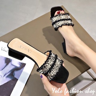 Dép guốc cao gót nữ phối ngọc thời trang đế vuông 3p - DC6