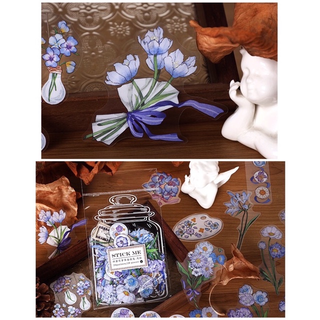 Nhãn dán sticker hoa đầy bình nghệ thuật