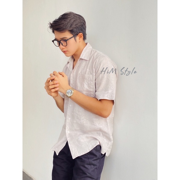 Áo Sơ Mi Nam Tay Ngắn Linen Tưng In Hoạ Tiết Cây Dừa