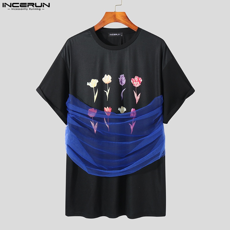 Áo thun INCERUN tay ngắn in họa tiết hoa phối lưới thời trang dành cho nam