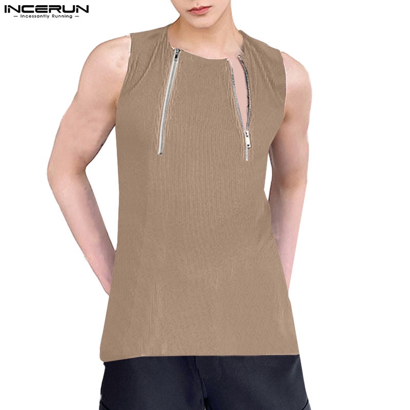 Áo ba lỗ dệt kim INCERUN màu trơn có khóa kéo thời trang mùa hè cho nam