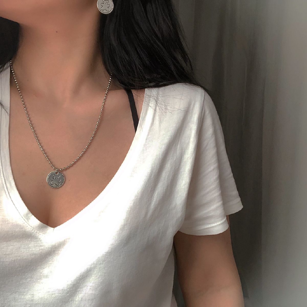 Dây chuyền phối mặt hình tròn họa tiết chú gấu xinh xắn thời trang phong cách retro
