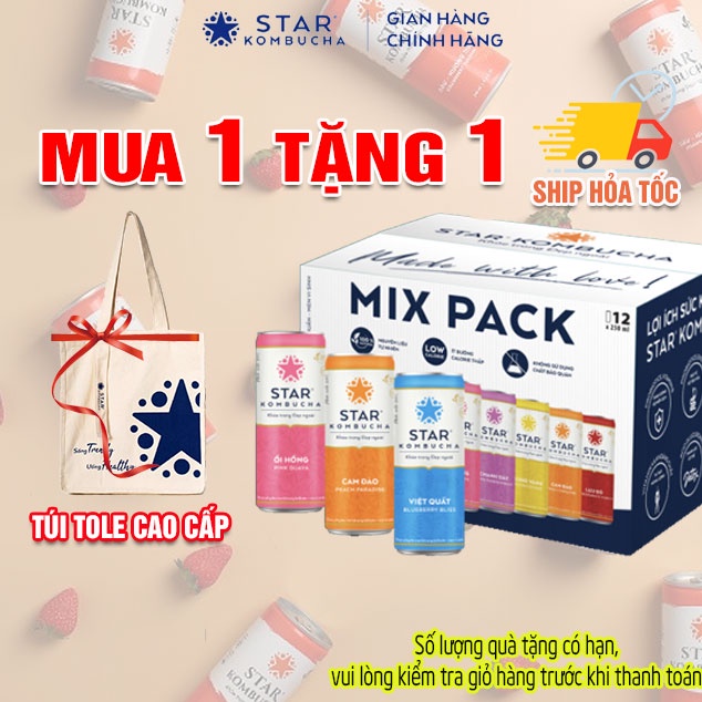 Thùng 12 lon mix vị trà STAR KOMBUCHA lên men vi sinh chứa probiotics giúp bảo vệ sức khoẻ (250ml/lon)