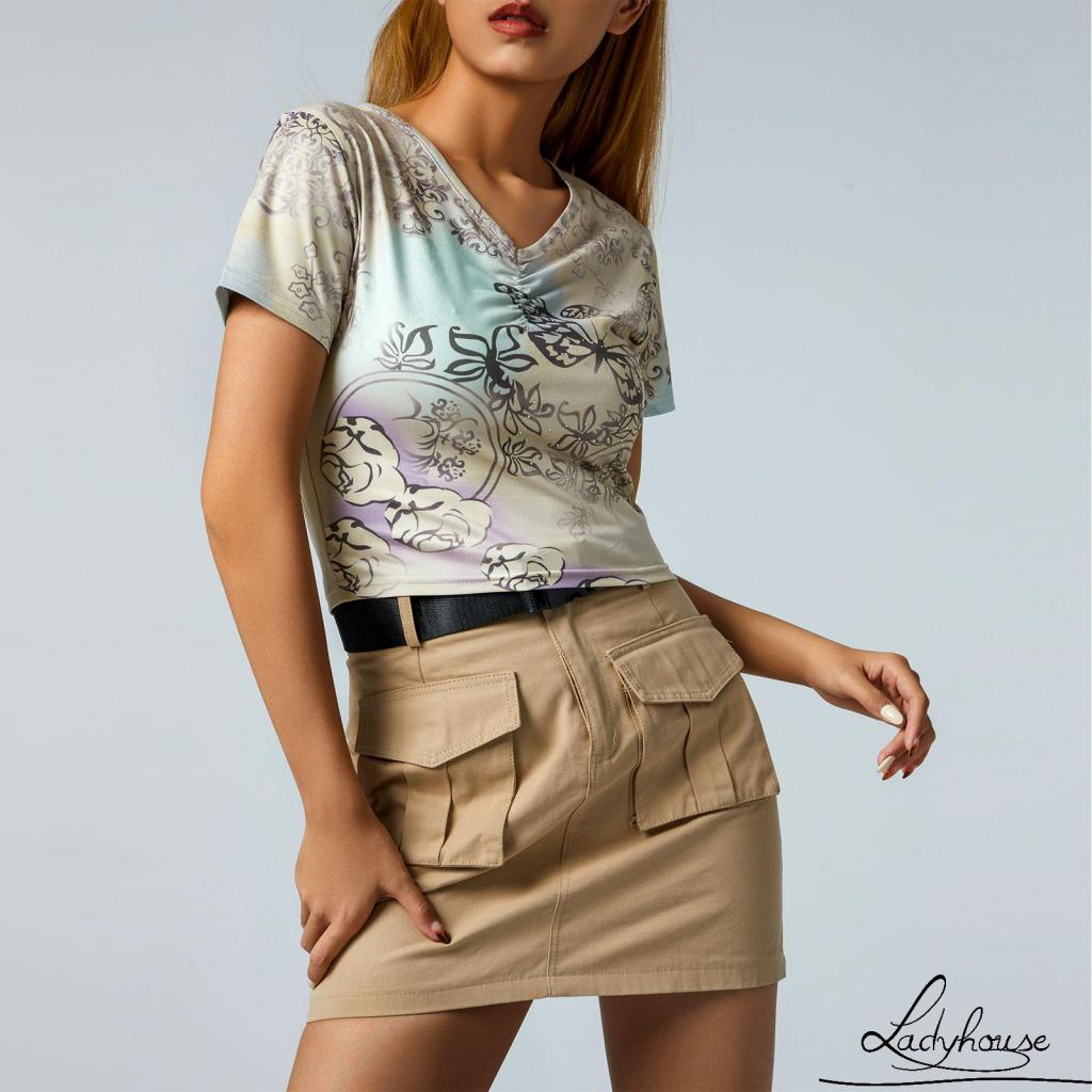 Ld Áo Thun Crop Top Tay Ngắn Cổ Chữ V In Hình Bướm Giản Dị Mùa Xuân Hè Cho Nữ S/M/L/XL/XL/XXL