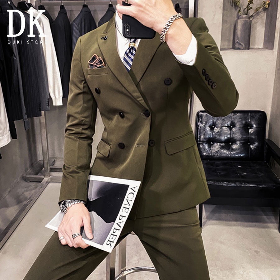 [SALE 50%] Bộ vest nam 6 nút Hàn Quốc màu xanh rêu cực chất - DUKI STORE