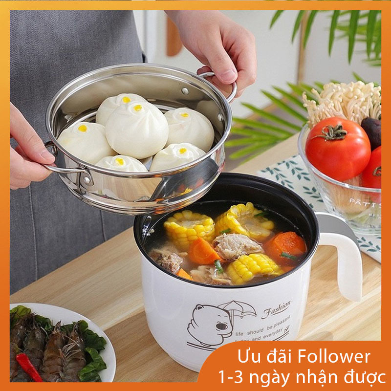 Ca Nấu Mì Đa Năng Có Tay Cầm 1,8L - Nồi Lẩu Điện Mini Kèm Nồi + vỉ hấp inox（Nhiều màu）