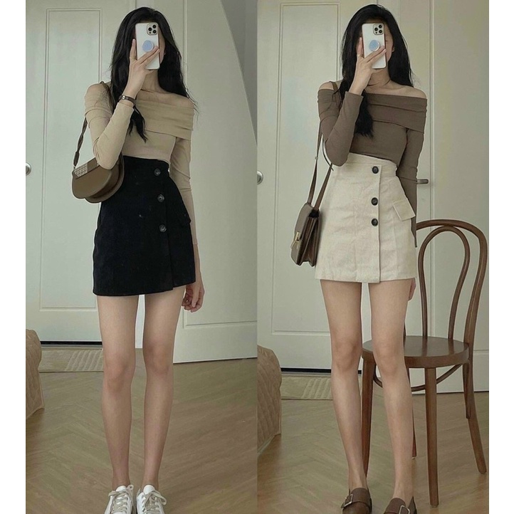 ( Hàng đẹp - dày dặn) Chân váy nhung tăm 3 khuy có lót trong