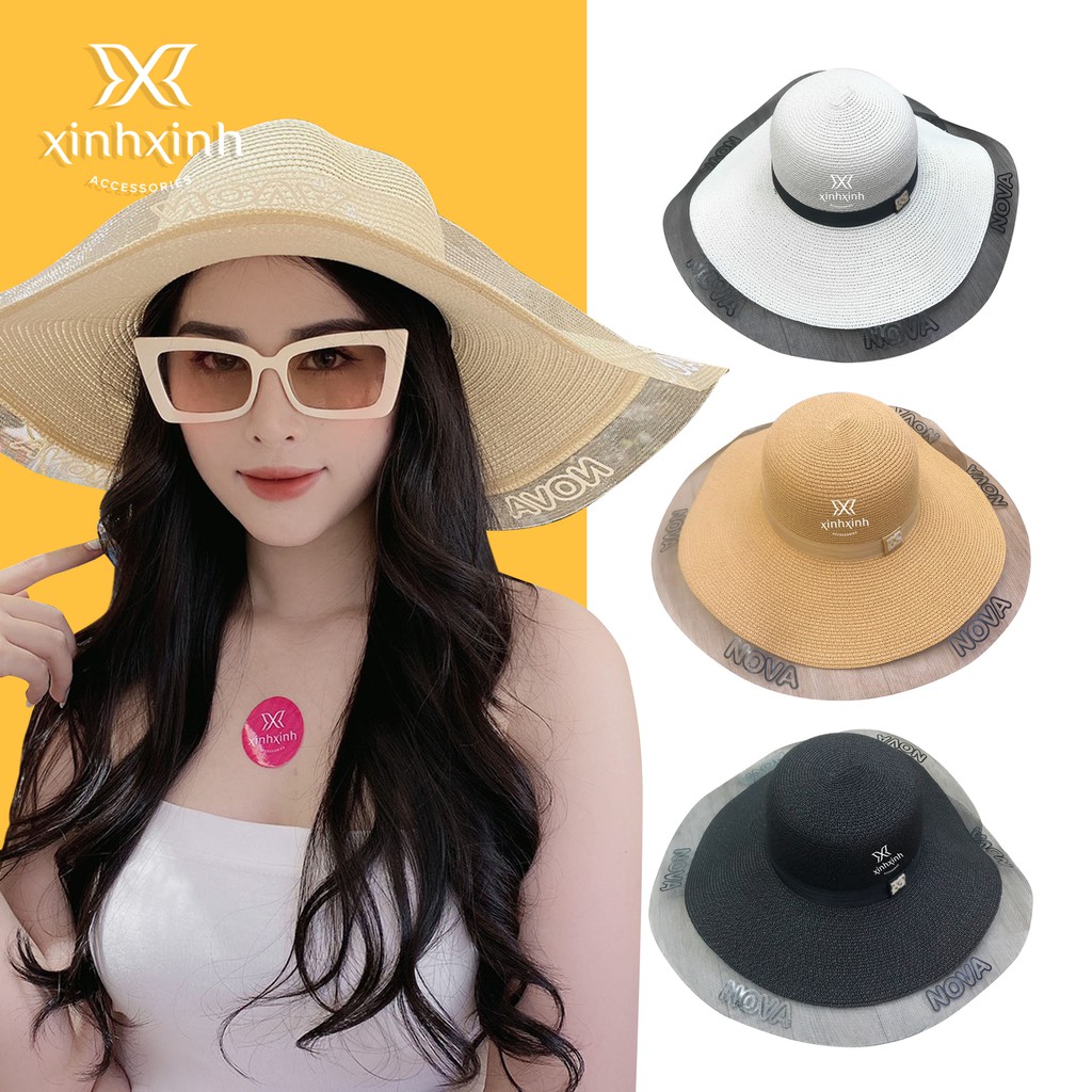 Mũ cói rộng vành phối lụa lưới rộng cao cấp - Xinh Xinh Accessories
