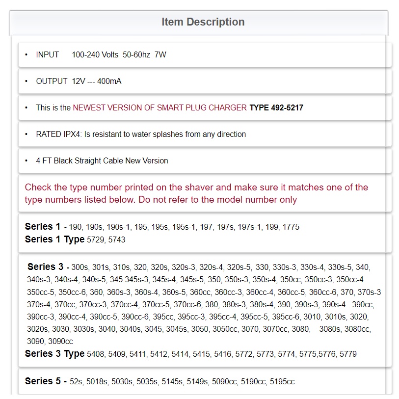 Dây sạc cho máy cạo râu Braun Series 1 3 5 7 8 9 | Braun Series 9 | Hàng Chính Hãng