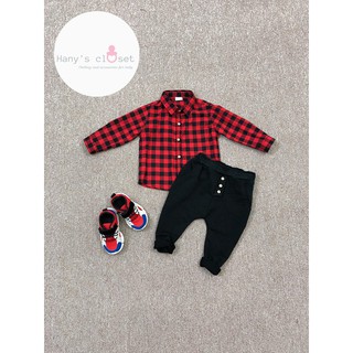 Set áo caro đỏ quần bom