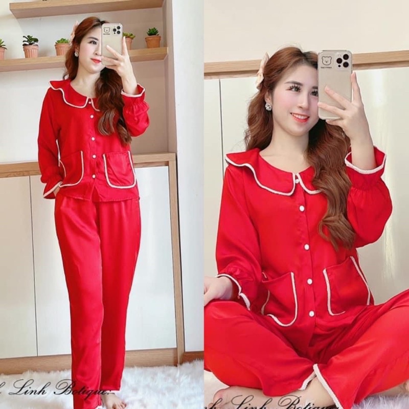 Bộ Pijama Lụa Viền Ren Có Túi