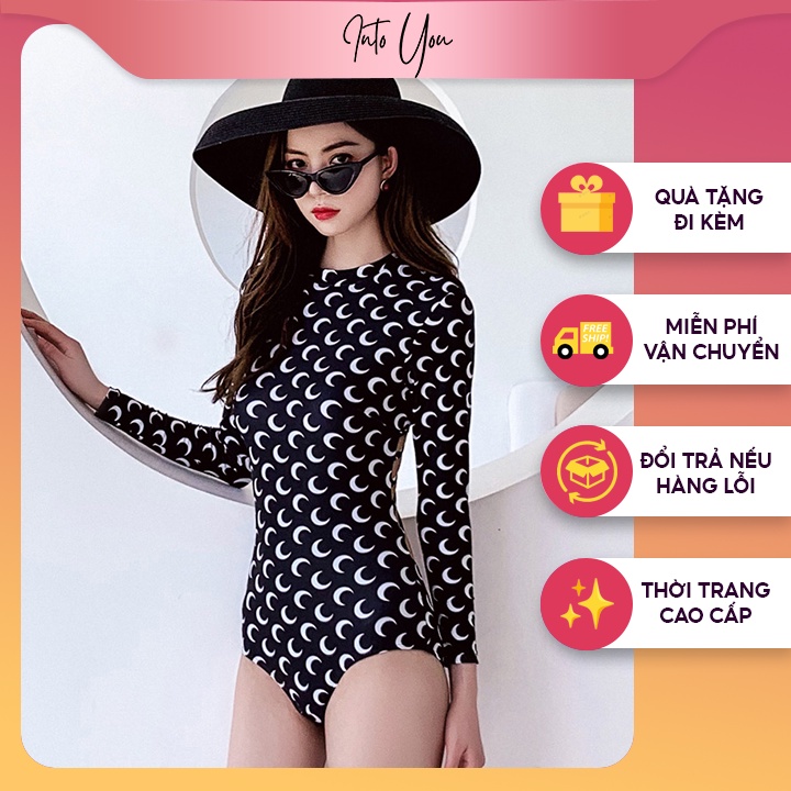 Bikini 1 mảnh dài tay, đồ bơi nữ kín đáo, họa tiết trăng non bắt mắt, áo tắm nữ hở lưng sexy