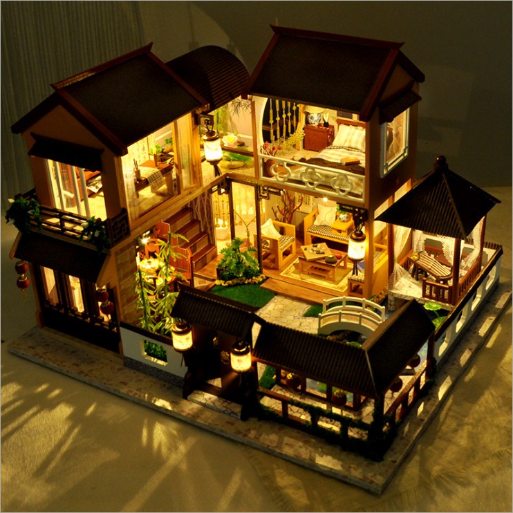 Mô hình nhà DIY Doll House A Cozy Little Courtyard Kèm Mica Chống bụi, Bộ dụng cụ, Keo dán và Bộ phát nhạc