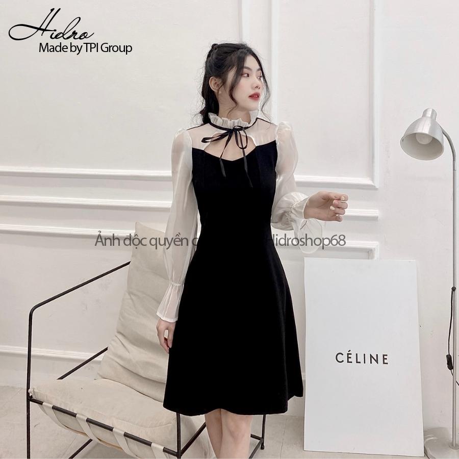 Đầm Váy Nữ Tay Bồng Phối Tơ Oganza Khoét Cổ Dáng Chữ A Có Đủ Size Phong Cách Hàn Quốc