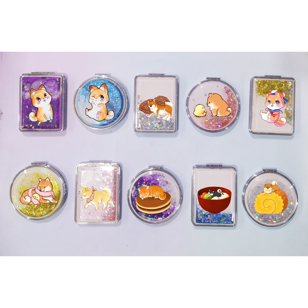 Gương nước chảy kim tuyến shiba in hình GNI18 gương 2 mặt