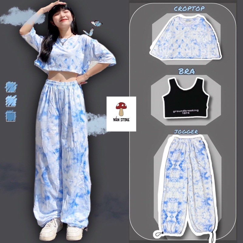 Set áo croptop  loang màu + bra đen + quần jogger dài loang màu ống rộng dây rút - Set bộ thể thao 3 món