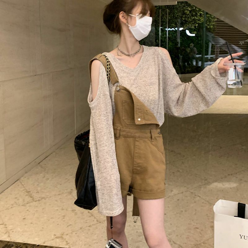 Yếm Đùi Jeans Màu Kaki Có Túi Ngực Phong Cách Hàn Quốc  ❤️