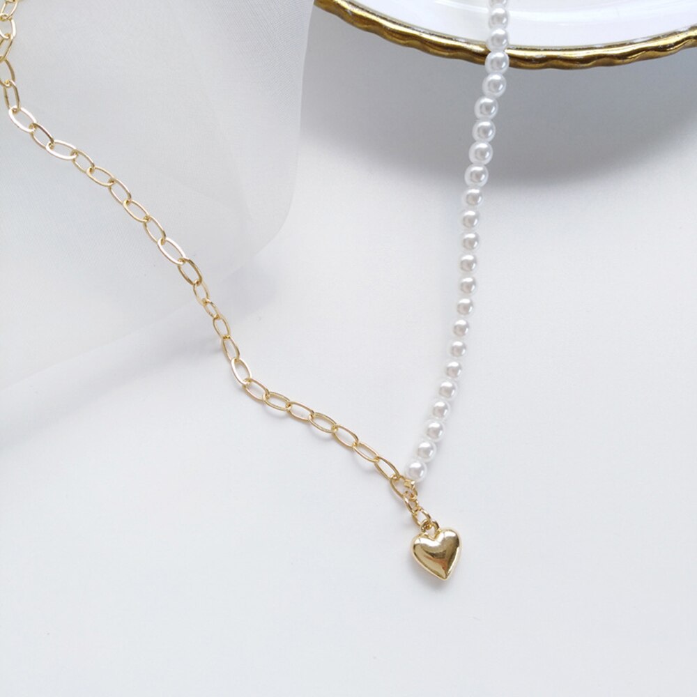 Vòng cổ choker phối chuỗi ngọc trai nhân tạo mặt hình trái tim thời trang