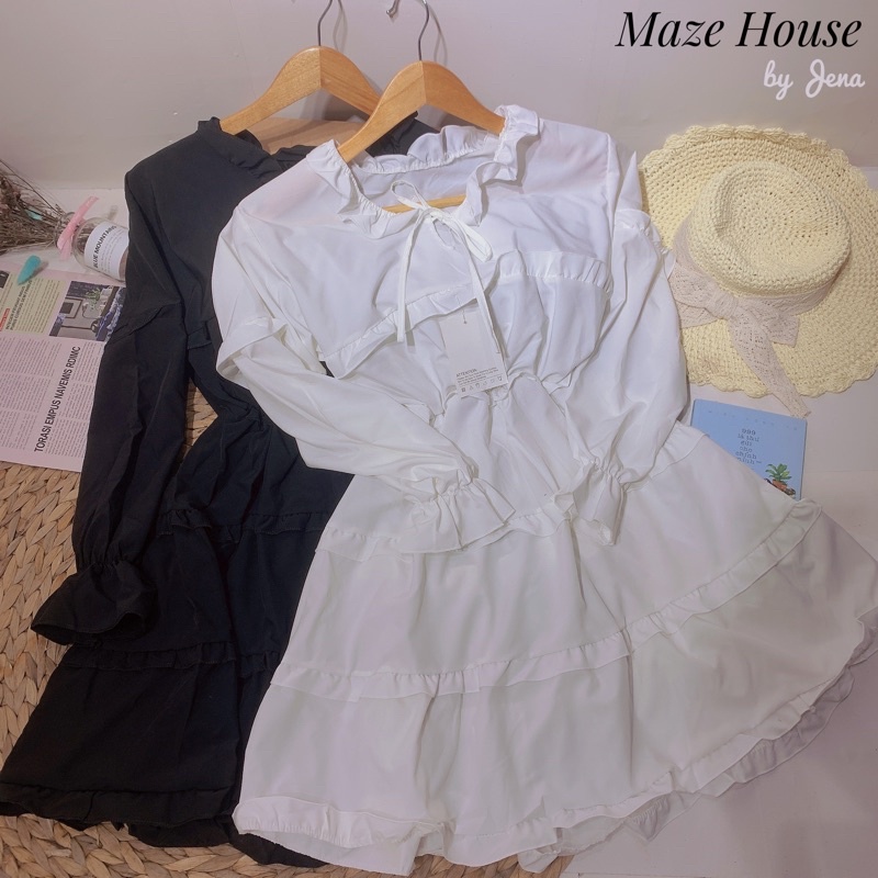Váy viền tầng 💖 Hot Trend 💖 Đầm bánh bèo viền tầng 2 màu Đen, Trắng chất liệu đũi mềm phong cách Hàn Quốc - Maze House