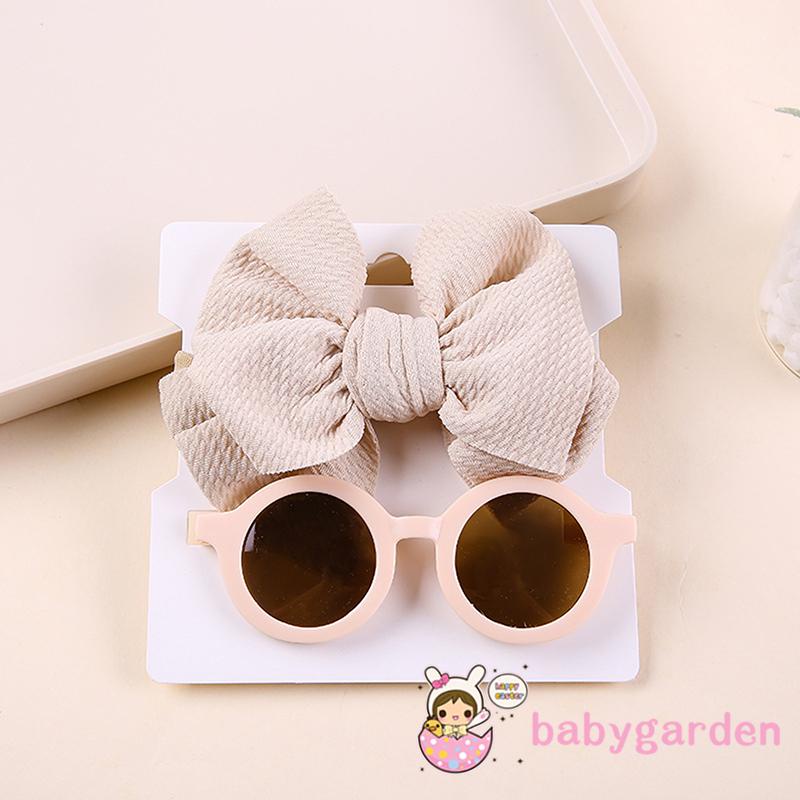 Bộ Kính Mát Tròn Chống Tia UV + Băng Đô Nơ Màu Trơn Dành Cho Bé Gái