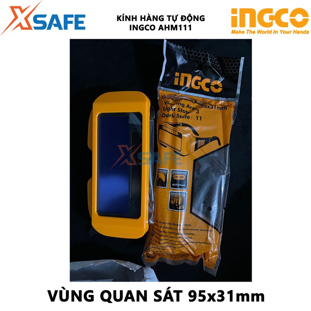 Kính hàn tự động INGCO AHM111 Kính hàn điện tử tự động làm tối, vùng quan sát 95x31mm, kích thước vùng tối 108x50.8x5mm