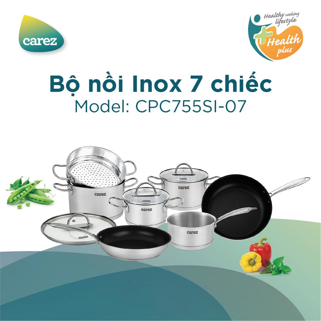 Bộ nồi chảo cao cấp inox chống dính nắp kính cường lực 7 món Carez CPC755SI-07