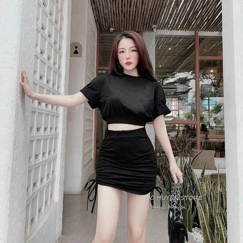 sét bộ váy borip rút dây phối áo croptop cổ tròn ngắn tay