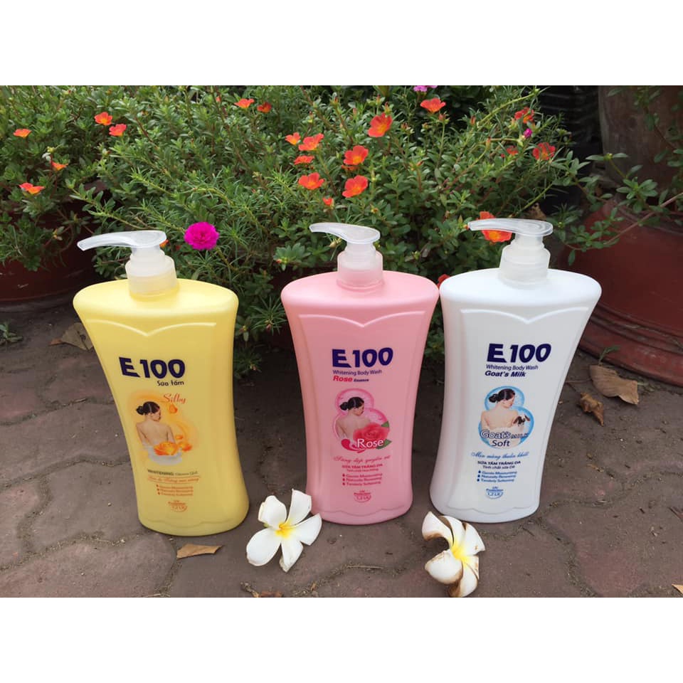Sữa tắm E 100 hương hoa Hồng vàng, Hồng, sữa Dê hương ngọt ngào làm trắng da 1200 ml