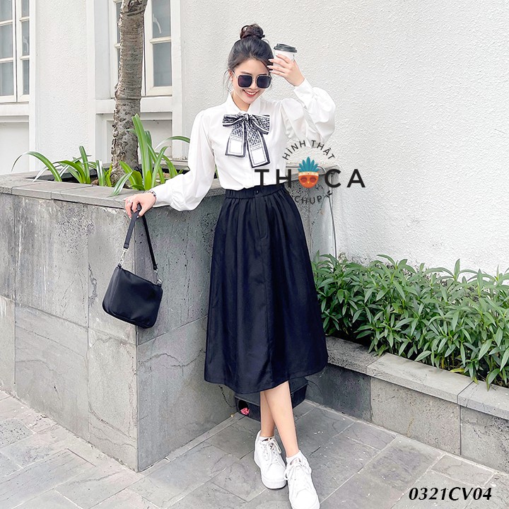 Chân váy midi trơn lưng thun trắng, đen THOCA HOUSE dịu dàng, nữ tính, hợp thời trang, xu hướng | BigBuy360 - bigbuy360.vn