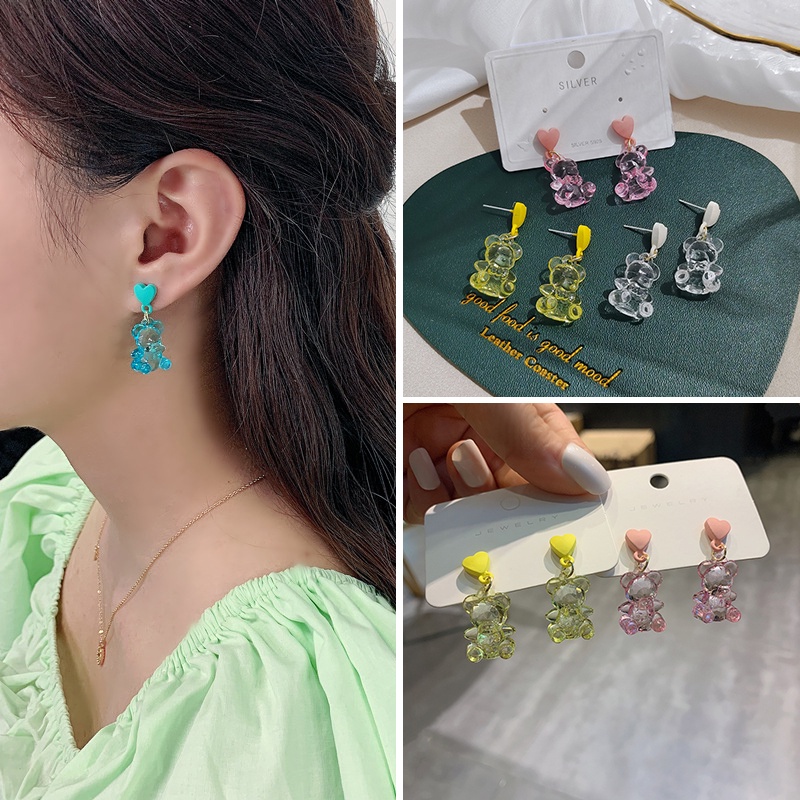 Hoa Tai Hình Gấu Hoạt Hình Trong Suốt Phong Cách Hàn Quốc Cho Nữ