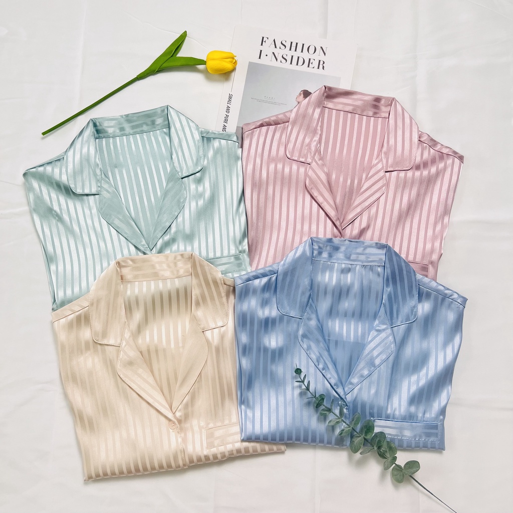 Bộ ngủ nữ mặc nhà , Đồ bộ pijama lụa sọc quần ngắn áo croptop GHP-Garment