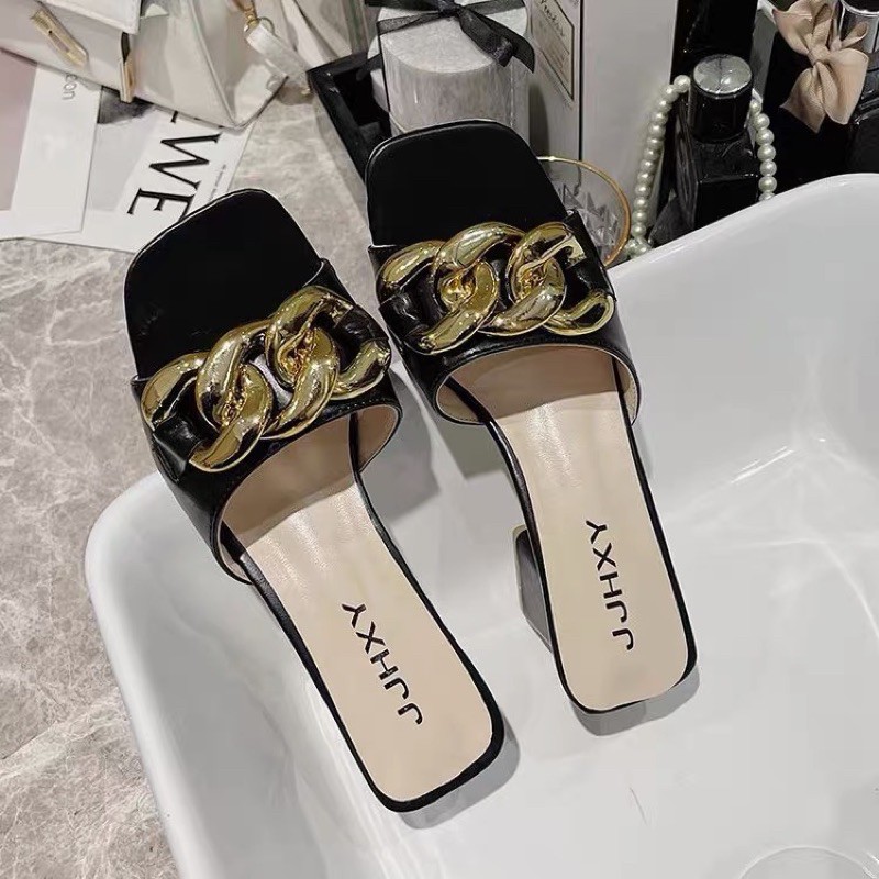 Guốc gót vuông 6cm da mềm bản to khoá xích BIG SIZE 35-43