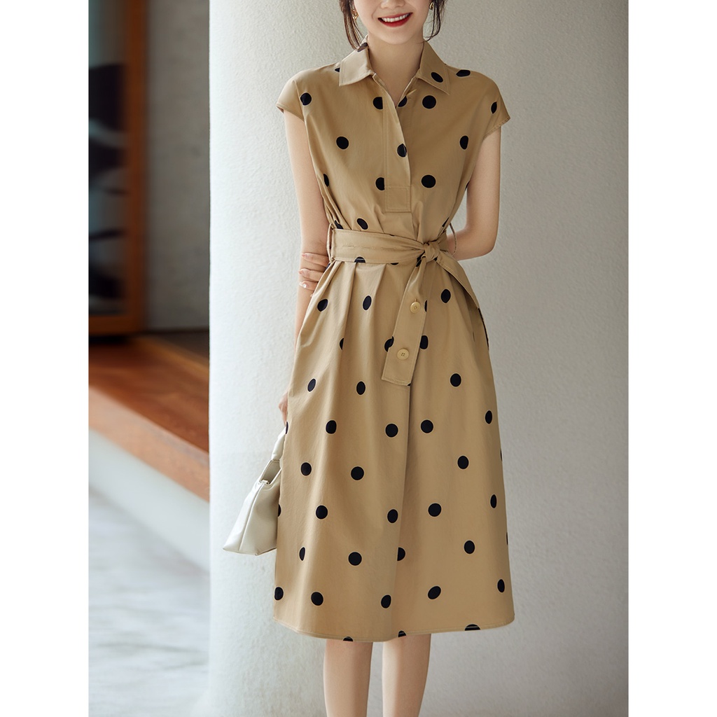 H4477 [Qzqq580574Đầm Sơ Mi Cotton Không Tay Dáng Ôm Họa Tiết Chấm Bi Phong Cách Retro