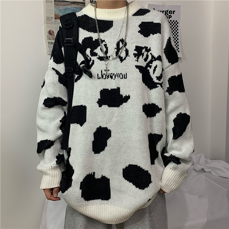 Áo Sweater Tay Dài Cổ Tròn Cỡ Lớn In Hình Bò Sữa Dễ Thương Cho Cặp Đôi