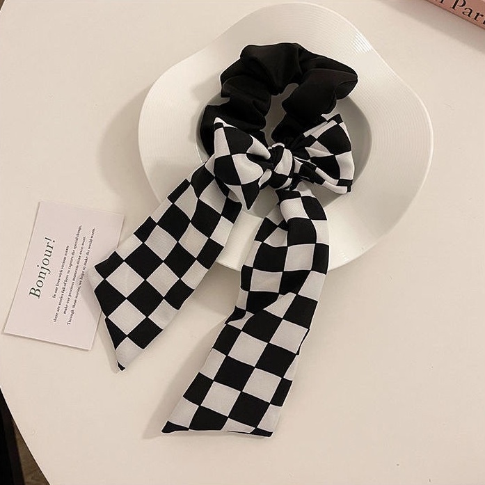 Dây Buộc Tóc Họa Tiết Sọc Caro Trắng Đen Đơn Giản Thời Trang Hàn Quốc