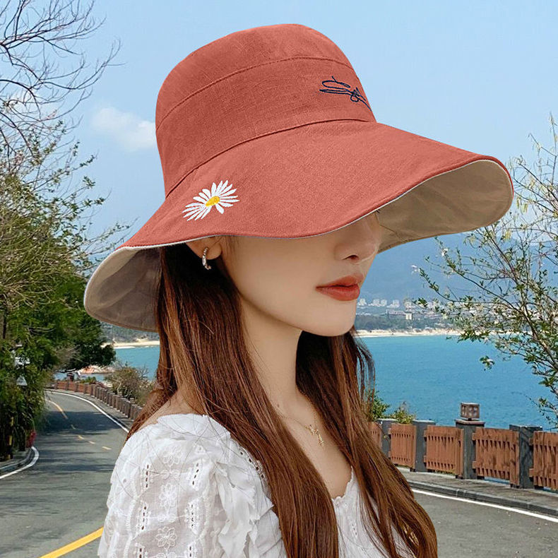 Mũ tai bèo hai mặt thêu họa tiết hoa cúc quá cỡ che nắng đi biển phong cách Hàn Quốc thời trang dành cho nữ