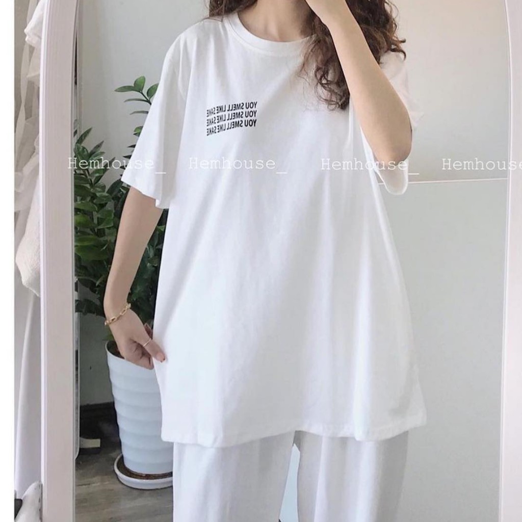 Quần trắng nữ cộng set áo cổ tròn Monster-style Unisex phông trơn cộc tay lỡ oversize trắng đen cotton | BigBuy360 - bigbuy360.vn