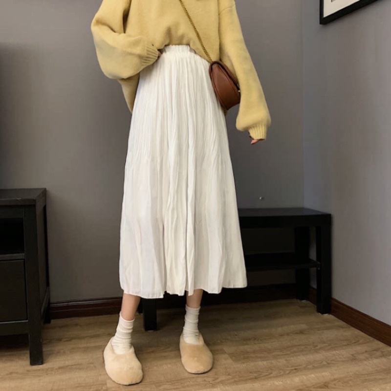 Chân váy voan trắng midi dáng dài xếp ly nhăn nhẹ nhàng vintage Hàn Quốc