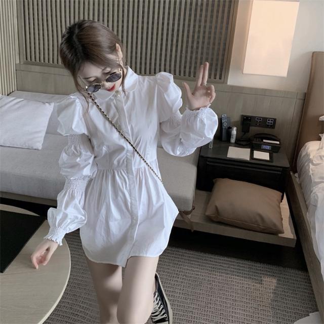 French minority bubble sleeve dress women's autumn two-piece suit temperament close waist thin white shirt A-line skirt