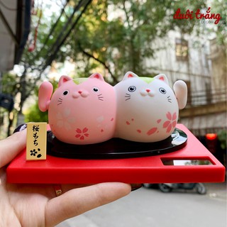 Mèo Thần tài Vẫy tay năng lượng ánh sáng - Mèo đôi Hồng Trắng 10cm