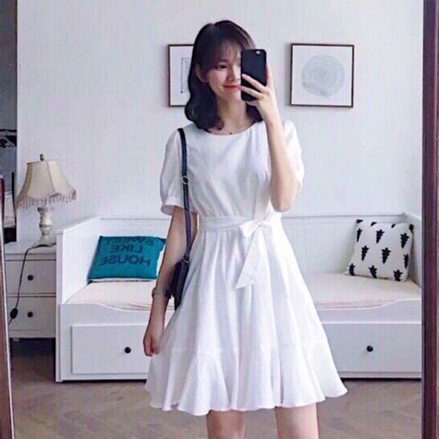 Đầm xoè váy babydoll trắng đuôi cá cột eo (kèm hình thật)