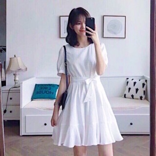 Đầm xoè váy babydoll trắng đuôi cá cột eo (kèm hình thật)