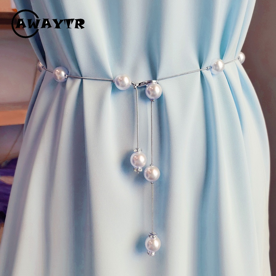 Thắt Lưng Dây Xích Mỏng Đính Ngọc Trai Kim Cương Giả Đơn Giản Ngọt Ngào Thời Trang Hàn Quốc