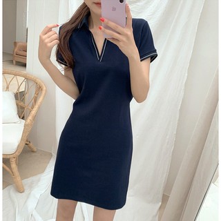 Đầm Thun POLO Ngắn Tay Hàn Quốc Xinh. Đầm Jennie ôm body kiểu basic xanh navy & trắng 💖 Tặng kèm buộc tóc scrunchines 💖